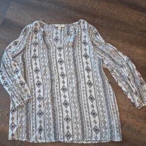 Camo Blu Long Sleeve Blouse V Neck/ Black & White Geometric Pattern Boho Large